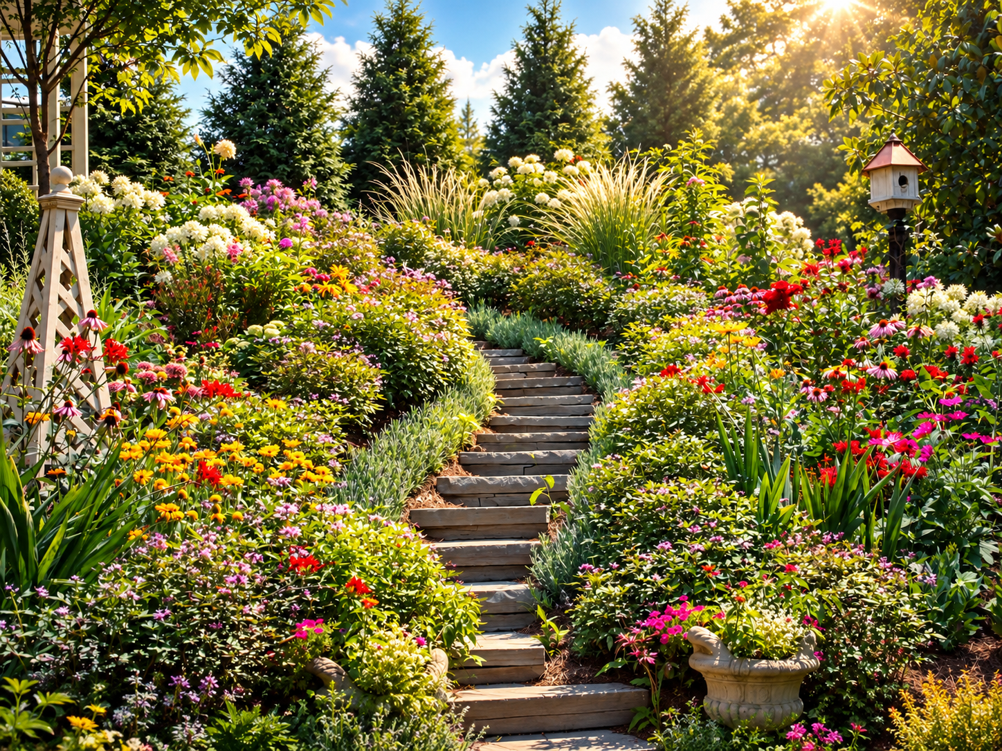Sunlit Stairway Through a Blooming Garden